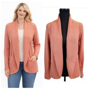NWT Chico's Ribbed Cocoon Cardigan Agra Red Sz Large Coral Casual Cotton Preppy